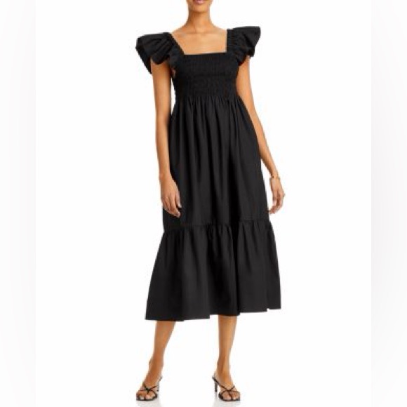 Aqua Black Smocked Midi Dress With Puff Shoulders